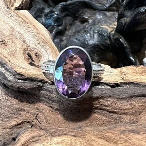 Merav Oval Amethyst Ring Size 7.5 Sterling Silver 925 Textured Band Bali Style